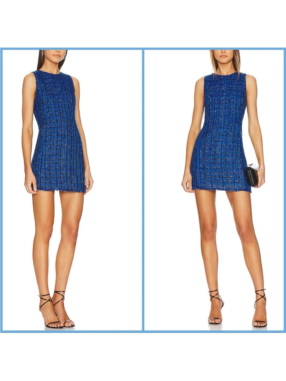 Alice + Olivia Clyde Royal Blue Black Tweed Crewneck Mini Shift Dress Sz 0